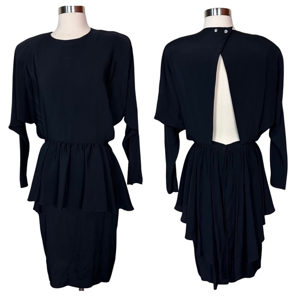 Regina Kravitz Dresses & Skirts - Regina Kravitz Vintage Black 80s Padded Shoulder Cutout Back Peplum Dress Size 8